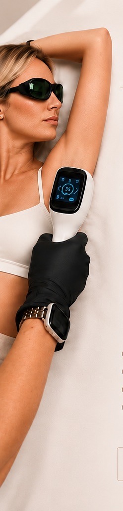 Client relaxing during a laser hair removal treatment on the underarm