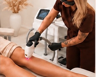 Erased therapist performing laser hair removal on a client's leg