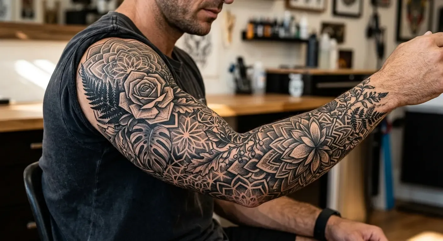 Detailed floral and mandala tattoo sleeve on a man's arm